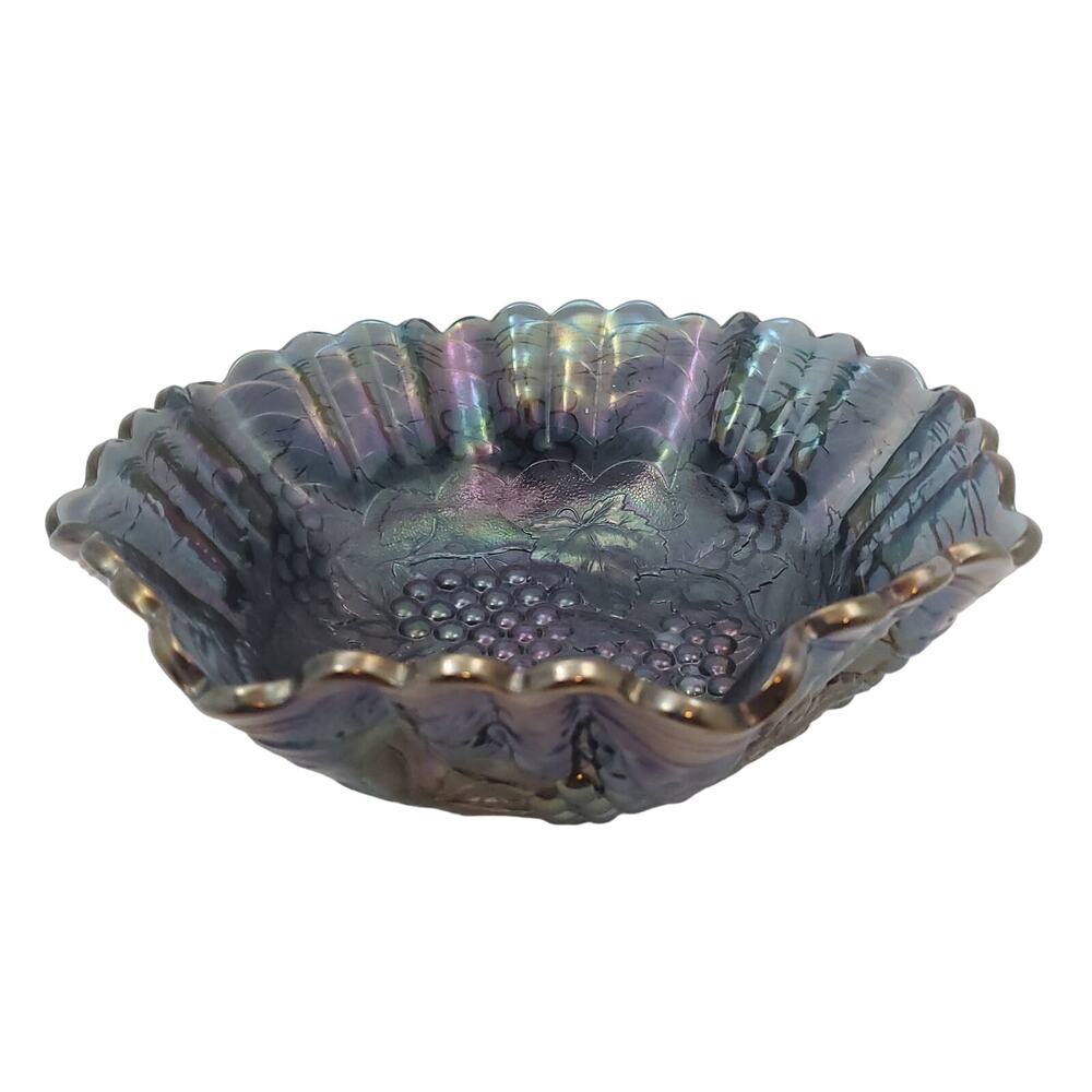 Vintage Imperial Carnival Glass Bowl Grape Vines Pattern Ruffled 10 1/4" Rim